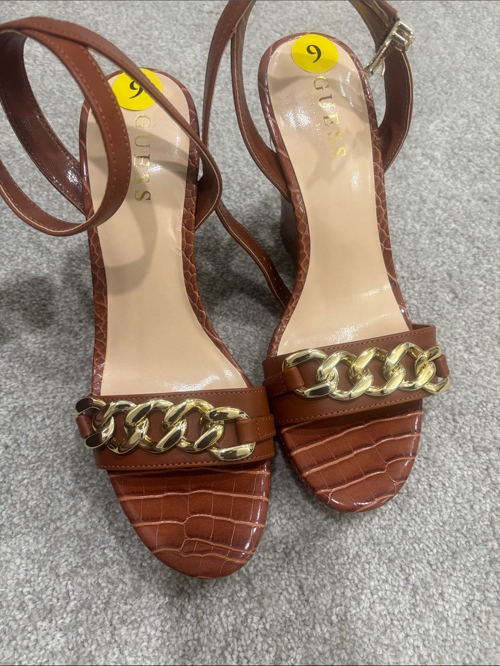 GUESS Cognac Croc-Embossed Leather Heeled Sandals with Gold Chain